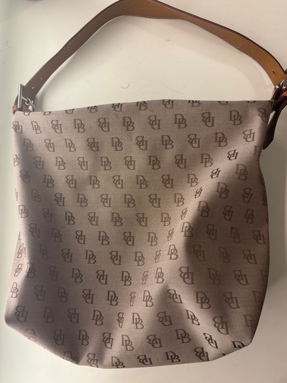 Dooney & Bourke Taupe Monogram Shoulder Bag with Tan Strap